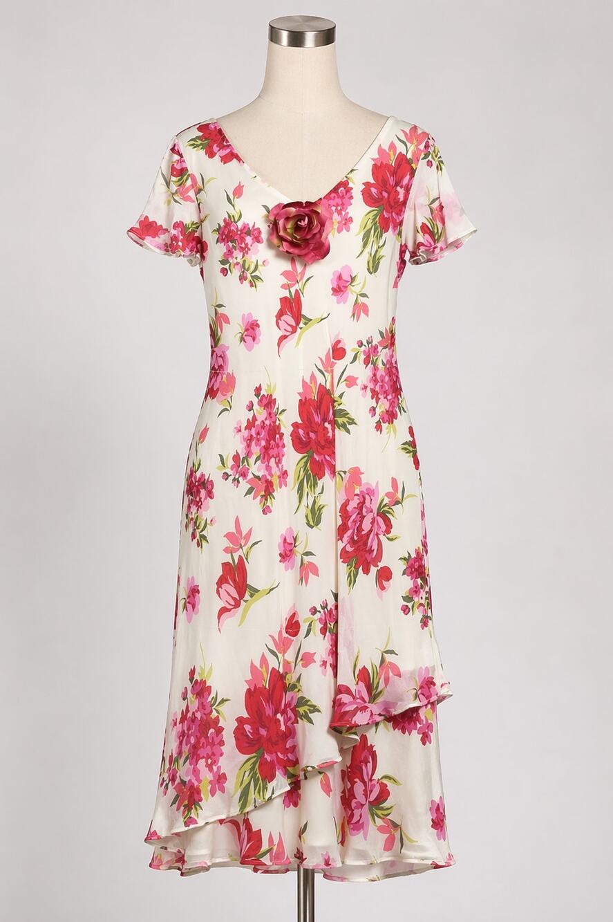 Pink and White Floral Dress 3D Pink Flower Donna Ricco Rayon Vintage Medium